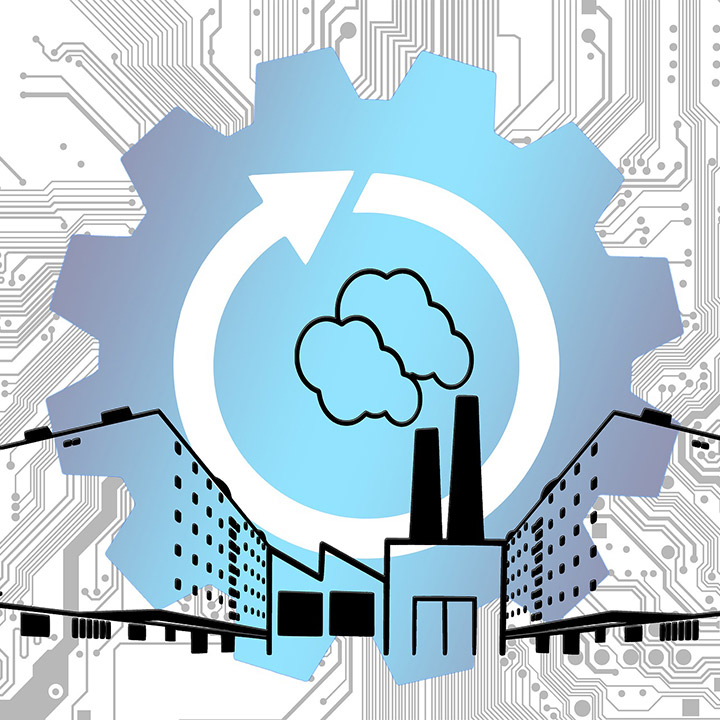 illustration of factories with gear and computer chip in background