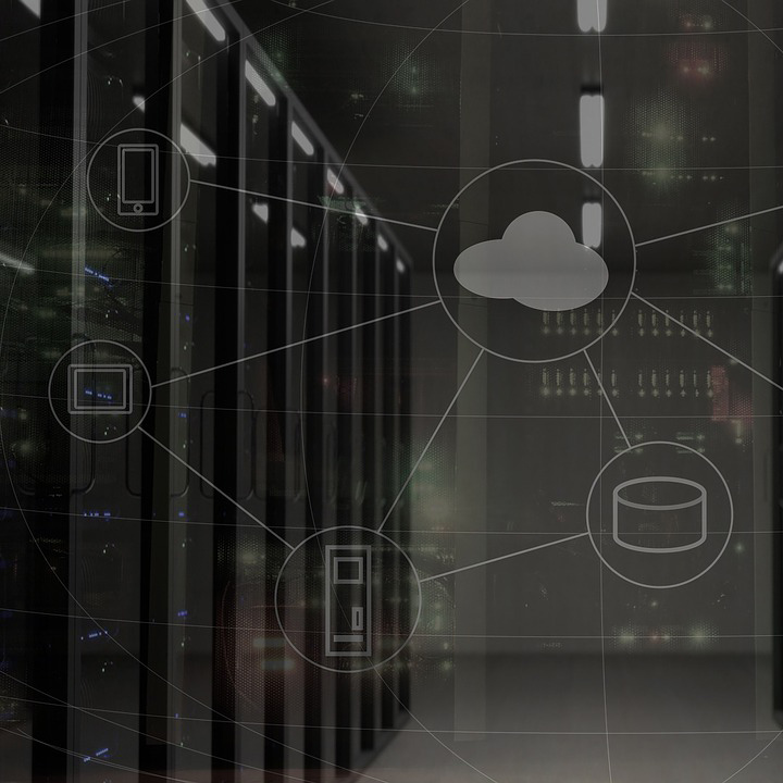 cloud, server, tablet, and smartphone icons connected with a server room in background