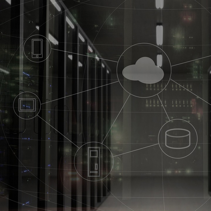 cloud, server, tablet, and smartphone icons connected with a server room in background
